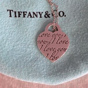Tifanny & Co. Sterling Silver I Love You Necklace and Heart Pendant Charm.